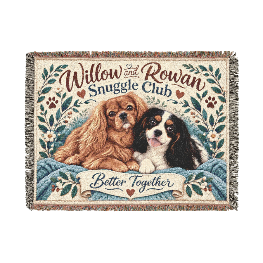 Front of the Willow & Rowan Snuggle Club cotton blanket, with ruby and tricolor Cavaliers and Better Together lettering.